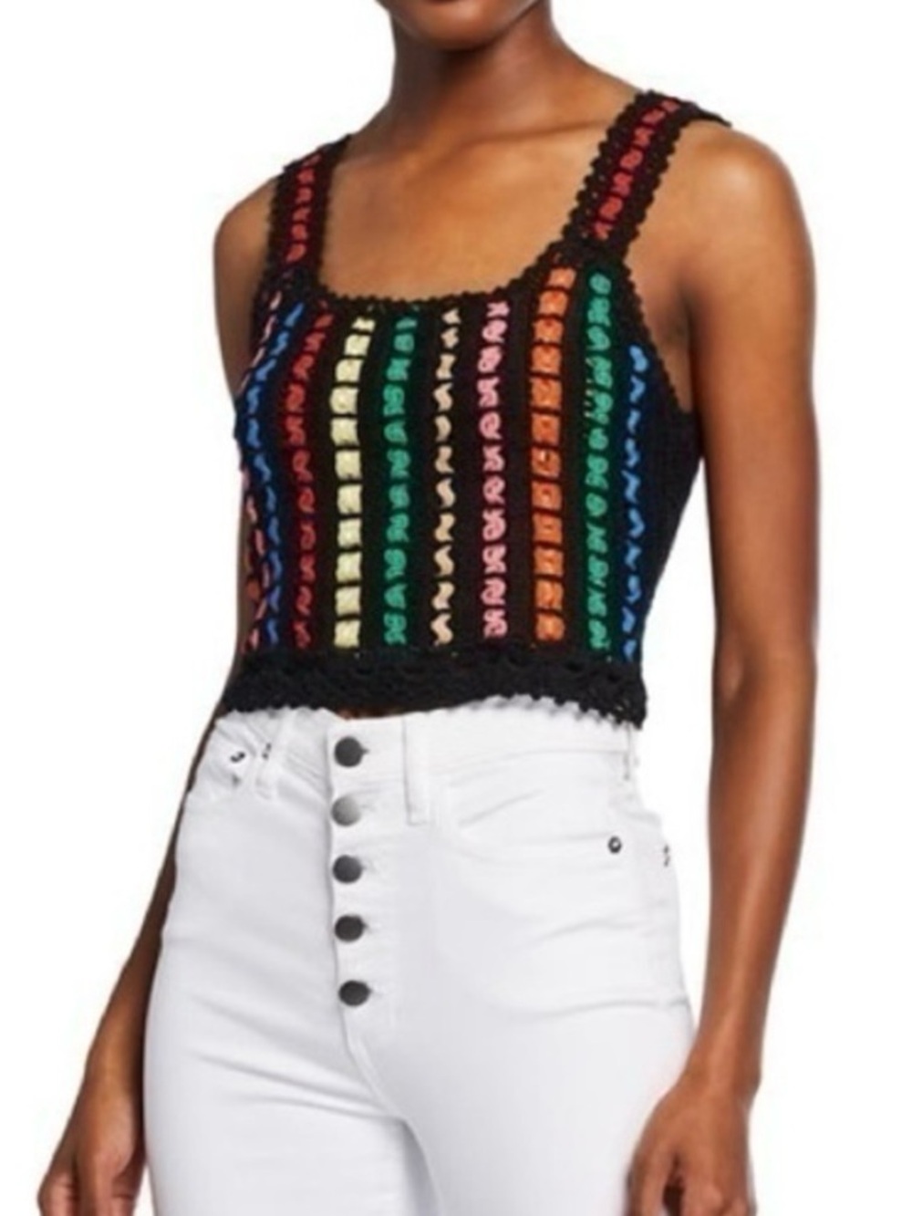 Alice + Olivia Lorri Crochet Tank Top Black Multi Size S
